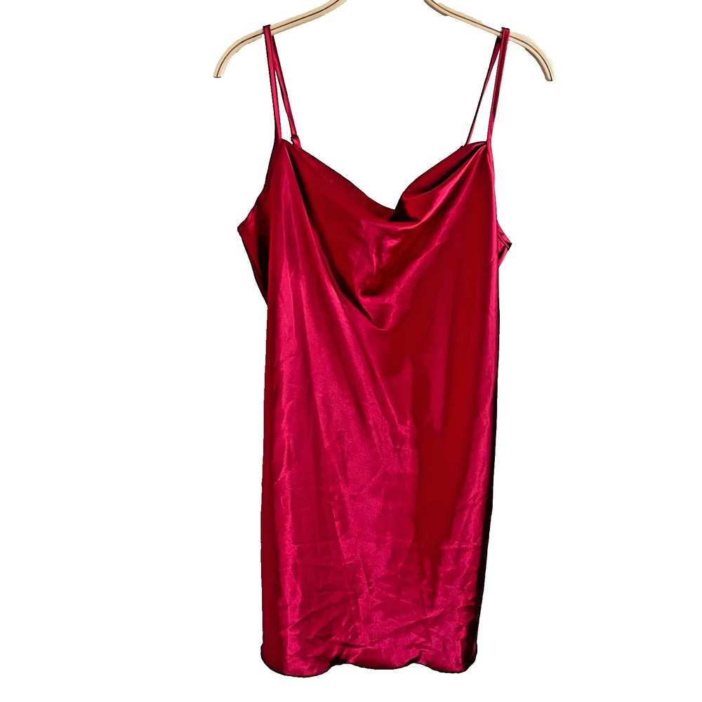 BeBe Red Satin Cowl Neck Midi Slip  Dress L Pull On Lightweight Sexy‎ Valentines